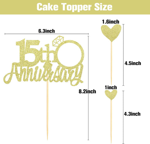 Sumerk 15th Anniversary Cake Topper,13pcs Gold Glitter Cake Toppers with Small Heart,Cake Decorations for 15th Wedding Anniversary Celebration Par...