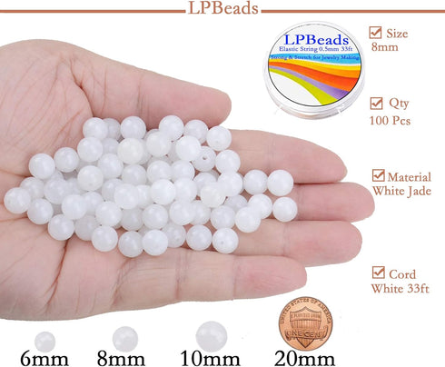 LPBeads 100pcs Polished 8mm Round Natural White Jade Gemstone Loose Beads with Stretch Cord for Jewelry Making Bracelets...