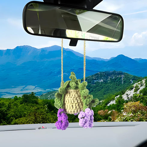 Crochet Hanging Plant for Car Cute Crochet Hanging Basket Flower Ornament Accessories Rearview Mirrior Handmade Knitted Lovers Gifts (Purple Wiste...
