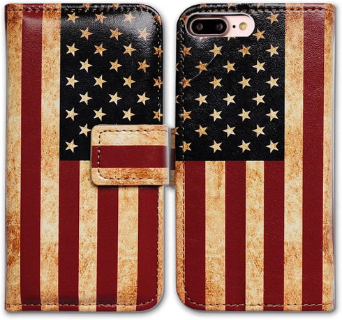 Case for iPhone 8 Plus/iPhone 7 Plus, Retro American Flag Flip Leather Wallet Case with Kickstand, Card Slot, Magnetic Lock...