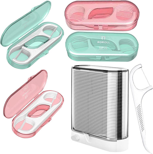 Holy Rose Dental Floss Picks Dispenser,Portable Floss Pick Case 4 Boxe 10 Count/Boxs,with Adult Flosser Stick 128 Count,is Perfect for Home?Travel...