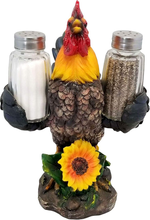 DWK 8-inch Spice to Crow About Country Rooster Salt and Pepper Shaker Figurine Display Holder Kitchen and Dining 3-Piece Set...