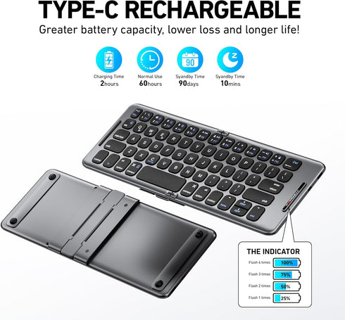 Foldable Bluetooth Keyboard with Stand Holder, Portable Wireless Phone Keyboard, Rechargeable Full Size Ultra Slim Travel Keyboard for iOS, Androi...
