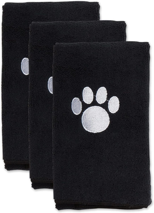 Bone Dry Pet Grooming Towel Collection Embroidered Absorbent Microfiber Drying Set, 15x30, Black, 3 Count...