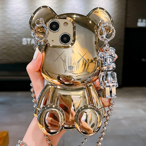 Cute Case for iPhone 15 6.1'', 3D Cartoon case Gold Teddy Bear Sparkle Bling Cover with Metal Chain Strap Bell Pendant, Fashion Plating Soft TPU S...
