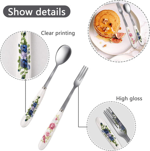 12 Pieces Forks and Spoons with Ceramics Handle, Stainless Steel Utensils Dessert Spoons and Forks Set for 6, Cutlery Set with Flower Pattern, Fla...