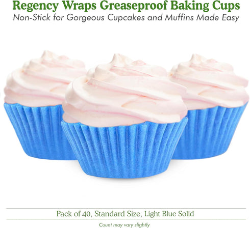 Regency Wraps Standard Baking Cups Greaseproof Professional Grade For Cupcakes and Muffins, Light Blue Solid, Pack of 40...