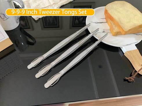 JETKONG Serving Tweezer Tongs 9-Inch Cooking Tweezers Kitchen Tweezers, Set of 3 (9 9 9 Inch, Silver)...