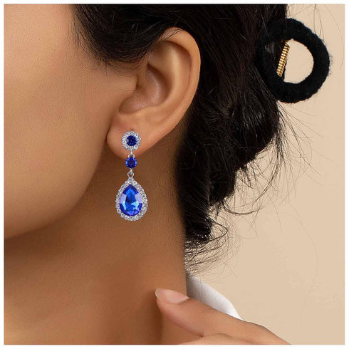 Vintage Sapphire Crystal Drop Earrings Waterdrop Sapphire Earrings Silver Teardrop Blue Rhinestone Earrings Blue Cz Bridal Earrings Jewelry for Wo...