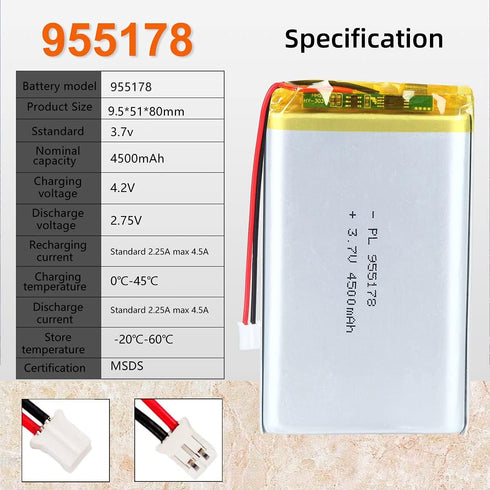 3.7V 4500mAh 955178 Lipo Battery Rechargeable Lithium Polymer ion Battery Pack with PH2.0mm JST Connector...