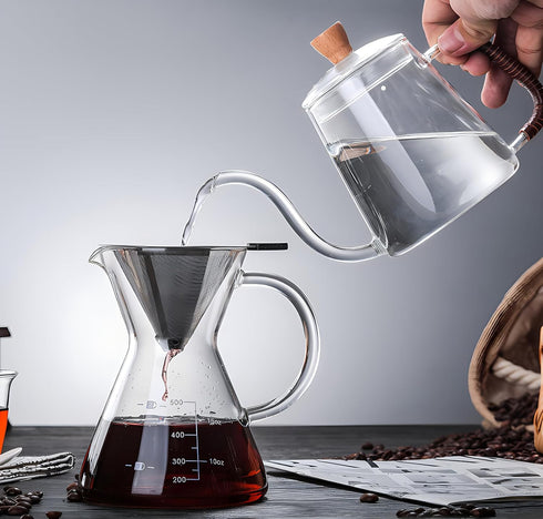 Pour Over Coffee Maker with Reusable Stainless Steel Drip Filter, Glass Drip Coffee Maker Set, Lead-Free Borosilicate Glass Coffee Carafe for 1-4C...