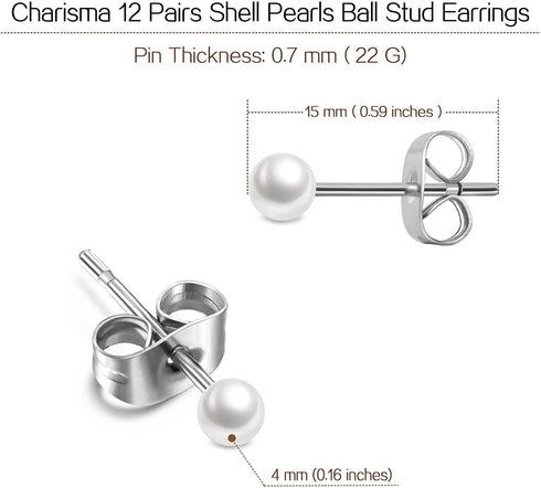 Charisma 4mm Composite Pearl Earrings Round Ball Pearls Stud Earrings Hypoallergenic 12 Pairs Imitation Pearl Earrings Set for Women...