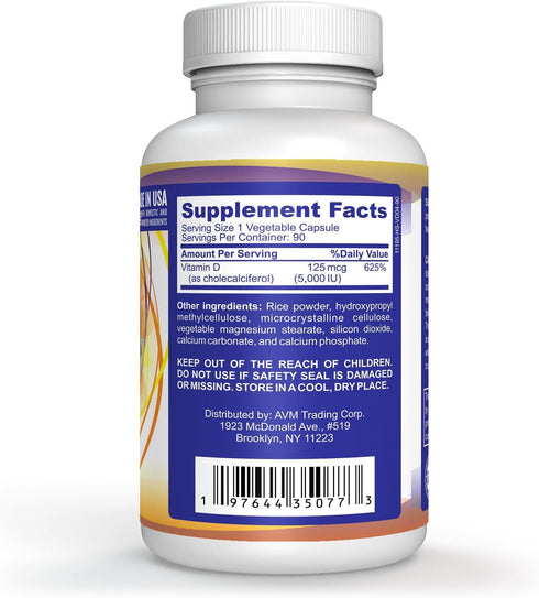 90 Vegetable Capsules Vitamin D. D3 5000IU (125 MCG) High Potency Immune Support Dietary Supplement. Healthy Muscle Recovery Advanced. Non-GMO For...