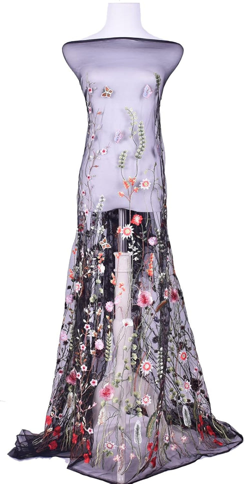 Black Lace Fabric, Exquisite Colorful Floral Flower Embroidered Sewing Lace Fabric, Length 71" Width 59" Elegant Soft Tulle Dress Fabric for DIY C...