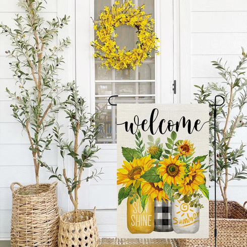 CROWNED BEAUTY Summer Garden Flag Mason Jar Sunflower 12x18 Inch Double Sided for Outside Welcome Burlap Small Seasonal Floral Yard Decoration CF8...