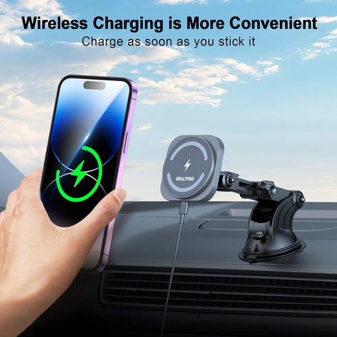 OHLPRO Magnetic Car Wireless Charger for MagSafe Car Mount iPhone 15/14/13/12 Series,Phone Holder Adjustable Telescoping Arm [Military-Grade Sucti...