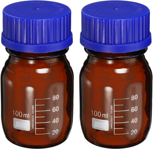 PATIKIL 100mL Reagent Media Bottle, 2Pcs Round Graduated Glass Storage Bottle Blue Screw Cap for Chemistry Lab Universities Home, Amber...