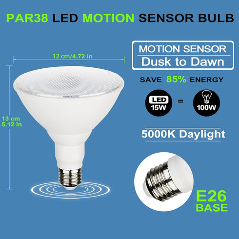 Radar Motion Sensor Outdoor Flood Light Bulbs, Dusk to Dawn LED Security Light E26 Base PAR38 Motion Activated 5000K Daylight, 15W(100-Watt Replac...