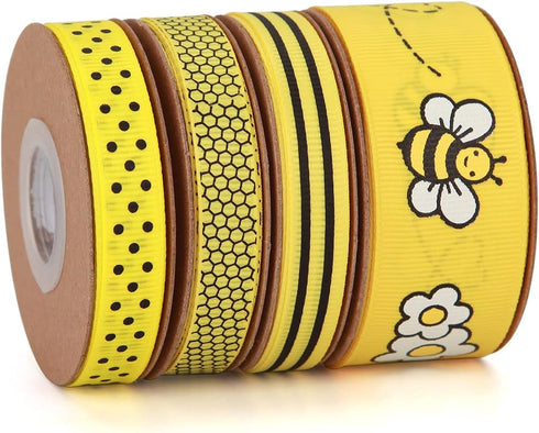 Bee & Flower Grosgrain Ribbon Yellow Black White for Gift Wrapping,Party Decoration,Hair Bows,All Crafting and Sewing (4 rolls bee set)...