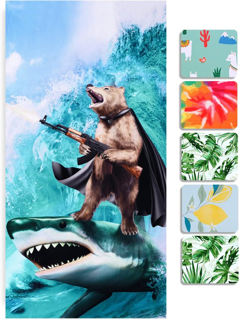 LIVILAN Funny Shark Bear Beach Towel, 30" x 60" Oversized Microfiber, Soft, Quick Dry, Sand Free, Ideal for Bath, Pool, Travel, Unique Shark & Bea...