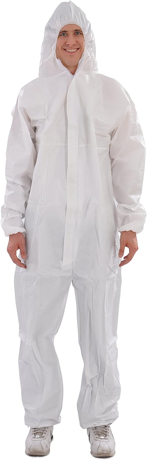 30203 Microporous Disposable Coveralls Protective Breathable Hooded Suit with Elastic Cuffs, Ankles and Waist,Zip Front Opening, Serged Seams for ...