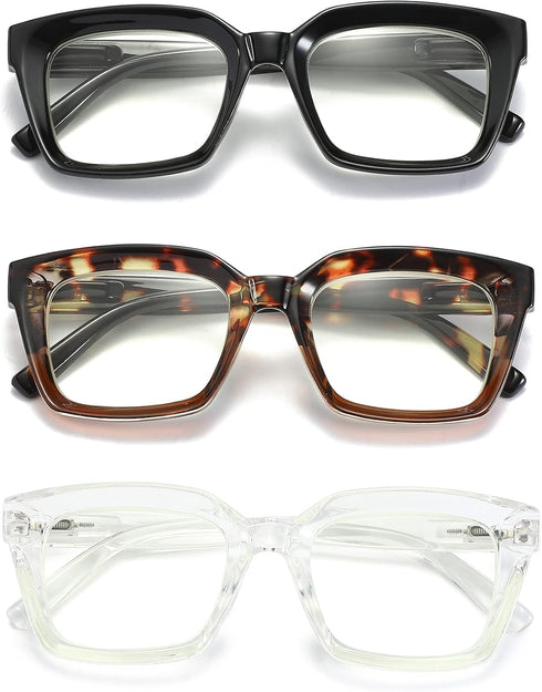 3 Pack Oversize Square Design Reading Glasses for Women, Blue Light Blocking Reader (Black&Leopard&Transparent, 1.75)...