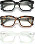 3 Pack Oversize Square Design Reading Glasses for Women, Blue Light Blocking Reader (Black&Leopard&Transparent, 1.75)...