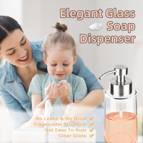 BabyElf Clear Glass Foaming Soap Dispenser with Rust-Proof Stainless Steel Pump, Refillable Liquid Wide Opening Hand Soap Dispenser for Bathroom &...