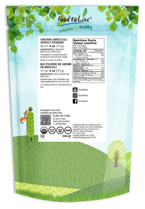 Food to Live Organic Broccoli Sprouts Powder, 4 Ounces — Grown from Non-GMO Seeds, Kosher, Non-Irradiated, Pure, Vegan Superfood, Bulk, Rich in Su...
