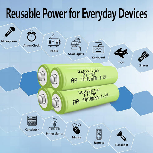 Rechargeable AA Battery NIMH 1.2V Double A 1000mAh 4 Pack Rechargeable AA Batteries Pre-Charged Solar Batteries Low Self Discharge for Solar Light...