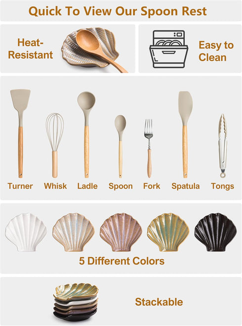Shell Spoon Rest for Stove Top, 5 inch Cooking Spoon Holder for Kitchen Counter, Ceramic Coffee Spoon Rest, Heat-Resistant Spatula Holder Utensil ...