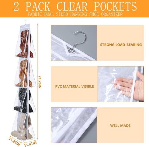 Sets 16 Large Clear Pockets Fabric Dual Sided Hanging Shoe Rack for Closets Hanging Shoe Organizer for Closet with Rotating Hanger Boot Organizer ...