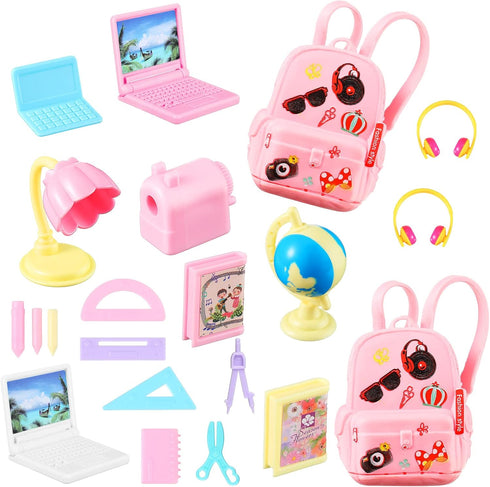 Zhanmai 21 Pieces Doll School Stuff Mini School Supplies Doll School Accessories School Playset for Dolls Mini Pink Doll Backpack Desk Lamp Laptop...