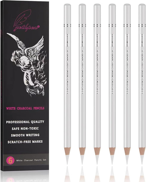 Professional White Charcoal Pencils Set - 6 Pieces Sketch Highlight White Pencils for Drawing, Sketching, Shading, Blending, White Chalk Pencils f...