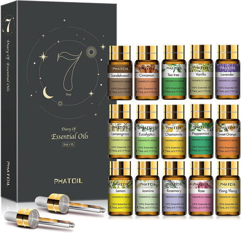 Essential Oils Gift Set 15 x 5ml, Pure Essential Oil Aromatherapy Oil for Skin Care, Hair Care, Bath, Ideal for Humidifier, Diffuser, Relax...