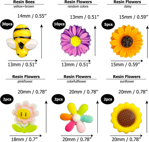 225 pcs Tiny Resin Bee Wooden Ladybug Daisy Flower Mushroom Decor, Bumble Bee Embellishment Epoxy Slime Charm Miniature Fairy Garden Accessories F...