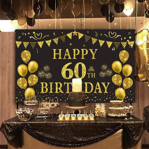 Trgowaul 60th Birthday Backdrop Gold and Black 5.9 X 3.6 Fts Happy Birthday Party Decorations Banner for Women Men Photography Supplies Background...