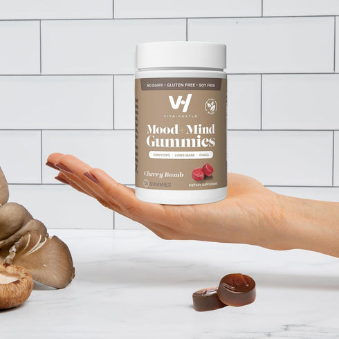 VitaHustle Super Mushroom Mood + Mind Focus Gummies, Lions Mane Mushrooms, Reishi, Chaga, Cordyceps, Vegan, Low Sugar, Non GMO, Cherry Flavor, 50 ...