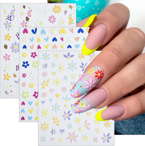 Flower Nail Art Stickers 5D Embossed Self Adhesive Nail Decals Spring Daisy Nail Design Summer Flower Petal Heart Nails Supplies Nail Sticker for ...