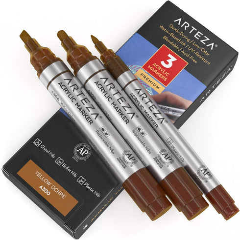 Arteza Acrylic Paint Markers, Pack of 3, A300 Yellow Ochre, 1 Thin and 2 Thick (Chisel + Bullet Nib) Acrylic Paint Pens, for Metal, Canvas, Rock, ...