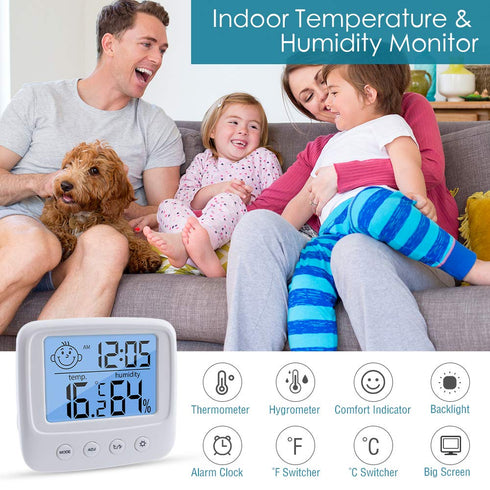 Indoor Thermometers Hygrometer Digital Room Thermometer and Humidity Gauge with Clock Humidity Temperature, 5s Fast Refresh, Backlight & ?/? Function for Home, Office, Bedroom