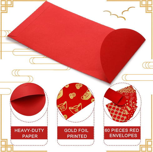 60 Pieces Chinese New Year Red Envelopes 2024 Chinese Red Packets Hong Bao Gift Spring Festival Lucky Money Envelopes 6 Designs 3.5 x 6.7 Inches(M...