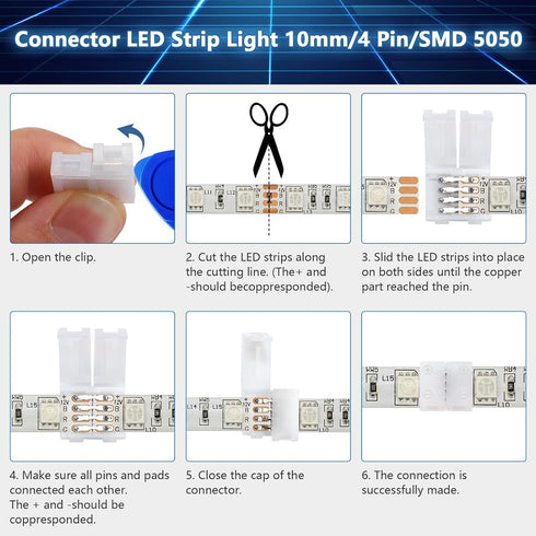 4-Pin 10mm RGB LED Light Strip Connectors, 100 Pieces Solderless and Gapless Adapter Terminal, Incl. Screw Clips, Cuttable T, L and X Shape for SM...