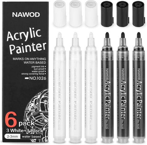 NAWOD Black Paint Pens - 6 Pack Acrylic Black White Permanent Markers, Acrylic Paint Pens for Rock Painting, Wood, Metal, Stone, Ceramic, Glass, G...