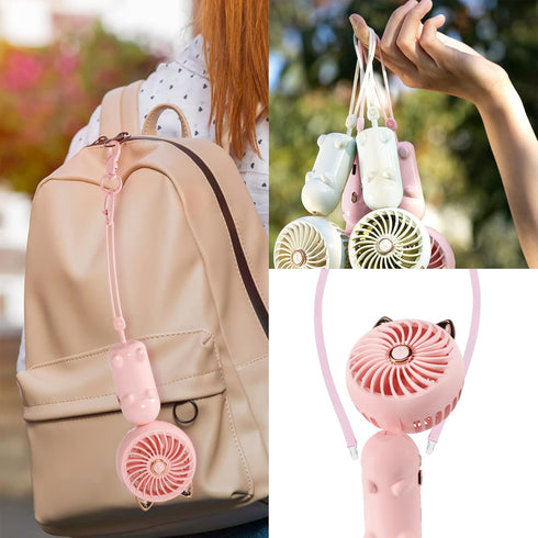 QearFun Handheld Lanyard Fan Portable, Mini Hand Held Fan with USB Rechargeable Battery, 3 Speed Strong Personal Table Fan, 8-12 Hours Small Makeu...