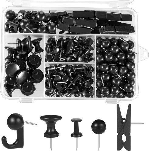 200 Pieces Push Pins Thumb Tacks Black Push Pins for Cork Board, 5 Style for Bulletin Boards Wall Maps Pictures Office Home Supplies...