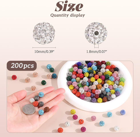 200pcs 10mm Rhinestone Beads for Crafting, Light Blue Shiny Round Disco Ball Beads Bulk, Sparkle Crystal Clay Bead for Necklace Bracelet Earring M...
