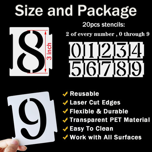 3 Inch Curb Stencil Kit 0-9 Address Number Stencil, 20Pcs Reusable 14 Mil Mylar Plastic Numbers Stencils for Painting on Road, Wall, Wood, Mailbox...