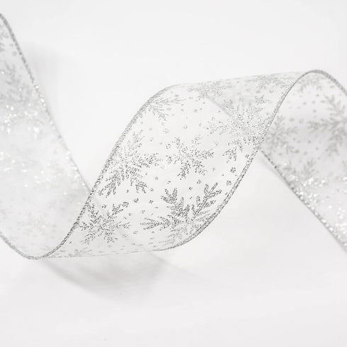 CT CRAFT LLC Organza with Silver Glitter Snowflakes Wired Ribbon 2.5 inch x 50 Yards for Christmas Home Decor Tree Topper Bow Gift Wrapping DIY Cr...