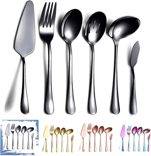 HOMQUEN 6-Piece Black Serving Flatware Silverware Set,Stainless Steel Serving Utensil Set,Include Cake Server, Slotted Serving Spoon, Serving Spoo...